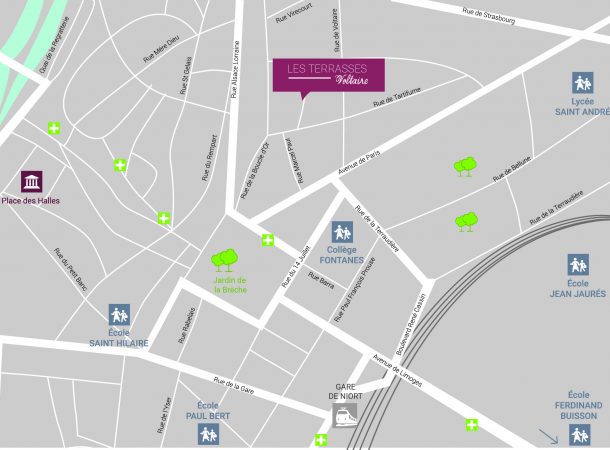 Plan de situation de la résidence neuve Les Terrasses Voltaires à Niort